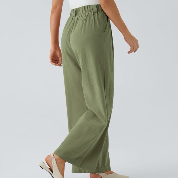Linen-feel High-waisted Wide-leg Flowy Casual Pants with Pockets - Picture 2 of 4